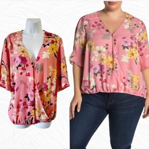 Nordstrom Sanctuary Pink Spring Summer Floral Wrap Look Plus Top Blouse